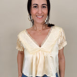 Shine Bright Floral Lace Detail Blouse in light yellow with embroidered yoke and lace V-neckline — Paper Doll
