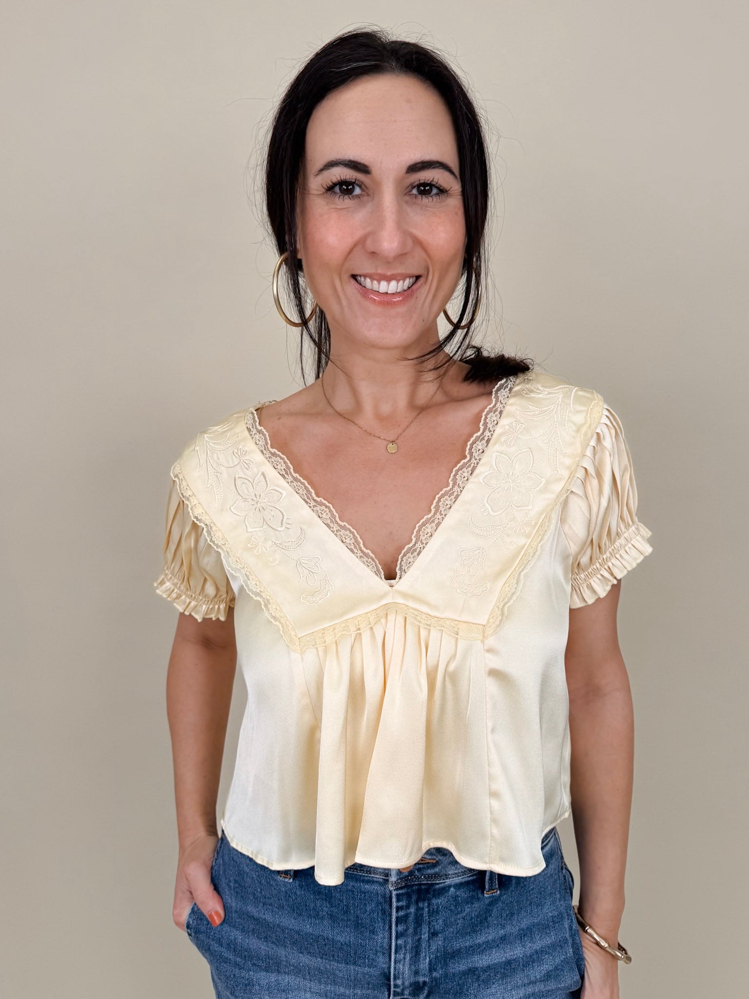 Shine Bright Floral Lace Detail Blouse in light yellow with embroidered yoke and lace V-neckline — Paper Doll
