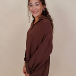 Never Better Button Up Blouse in solid brown with button front — Paper Doll