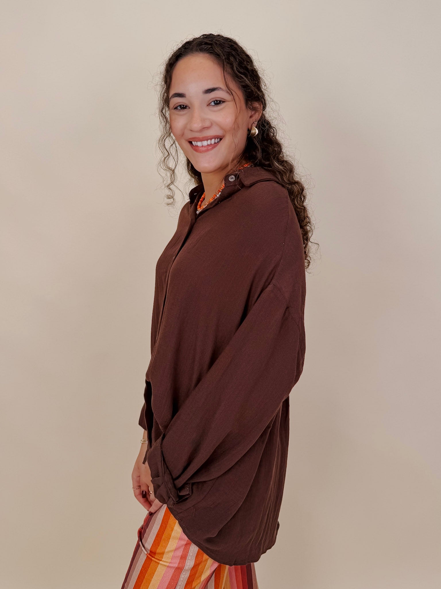 Never Better Button Up Blouse in solid brown with button front — Paper Doll