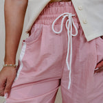 Run The Mile Pants in pink with white side stripe and drawstring waist — Paper Doll
