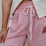 Run The Mile Pants in pink with white side stripe and drawstring waist — Paper Doll
