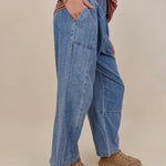 Annie Denim Casual Pants in light wash denim with smocked waist and barrel leg — Paper Doll