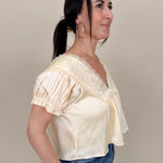 Shine Bright Floral Lace Detail Blouse in light yellow with embroidered yoke and lace V-neckline — Paper Doll
