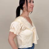 Shine Bright Floral Lace Detail Blouse in light yellow with embroidered yoke and lace V-neckline — Paper Doll
