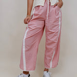 Run The Mile Pants in pink with white side stripe and drawstring waist — Paper Doll
