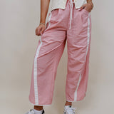 Run The Mile Pants in pink with white side stripe and drawstring waist — Paper Doll

