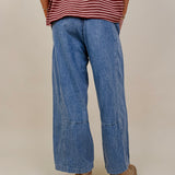 Annie Denim Casual Pants in light wash denim with smocked waist and barrel leg — Paper Doll