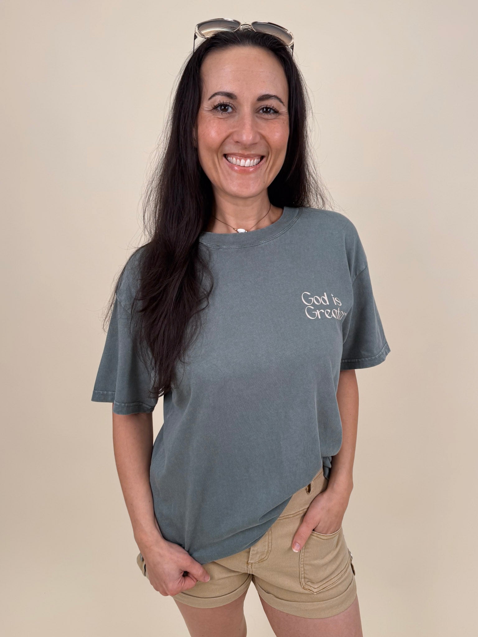 God Is Greater Unisex Tee in washed slate with mountain graphic on back — Paper Doll