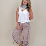 Kalista Cargo Pants in washed mauve with ruched drawstring hems and snap cargo pockets — Paper Doll