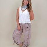 Kalista Cargo Pants in washed mauve with ruched drawstring hems and snap cargo pockets — Paper Doll