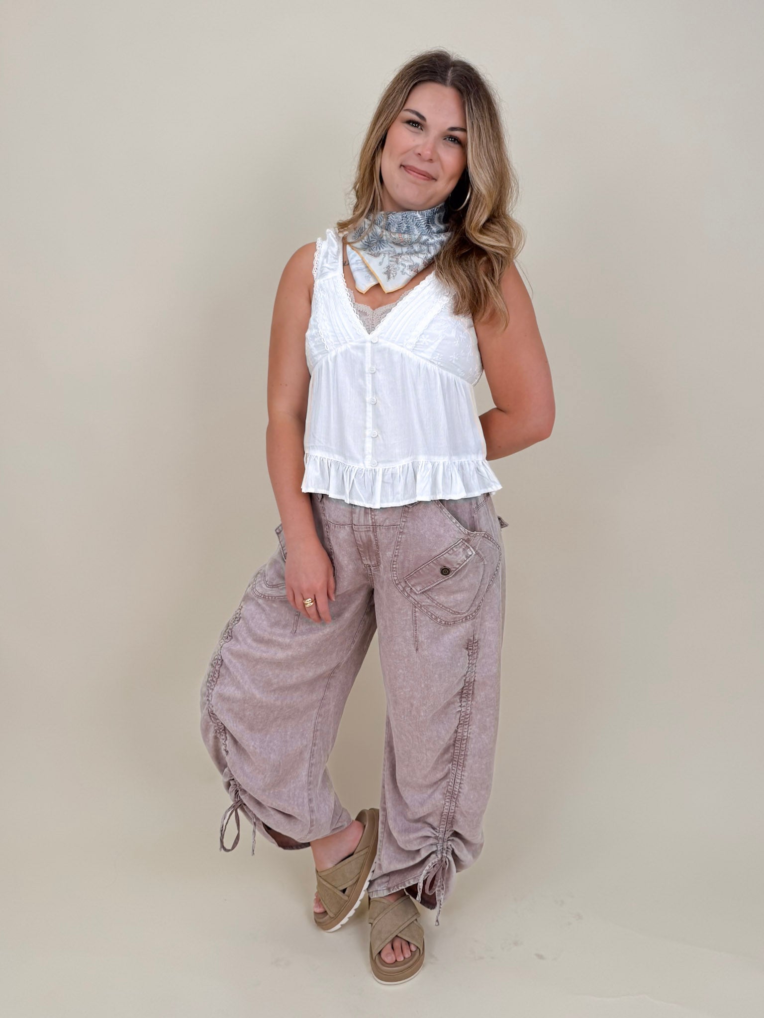Kalista Cargo Pants in washed mauve with ruched drawstring hems and snap cargo pockets — Paper Doll