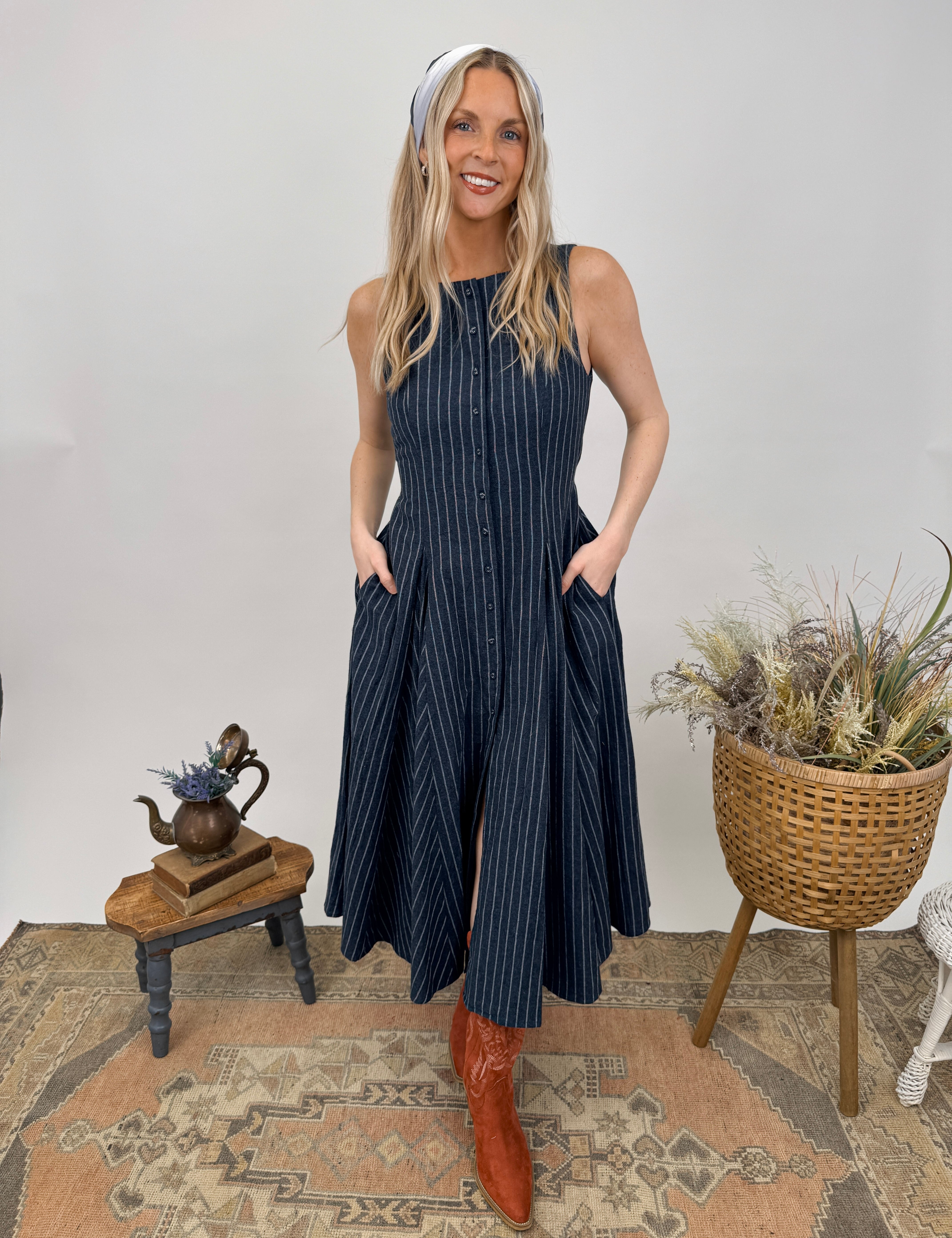 Elizabeth Linen Striped Midi Dress