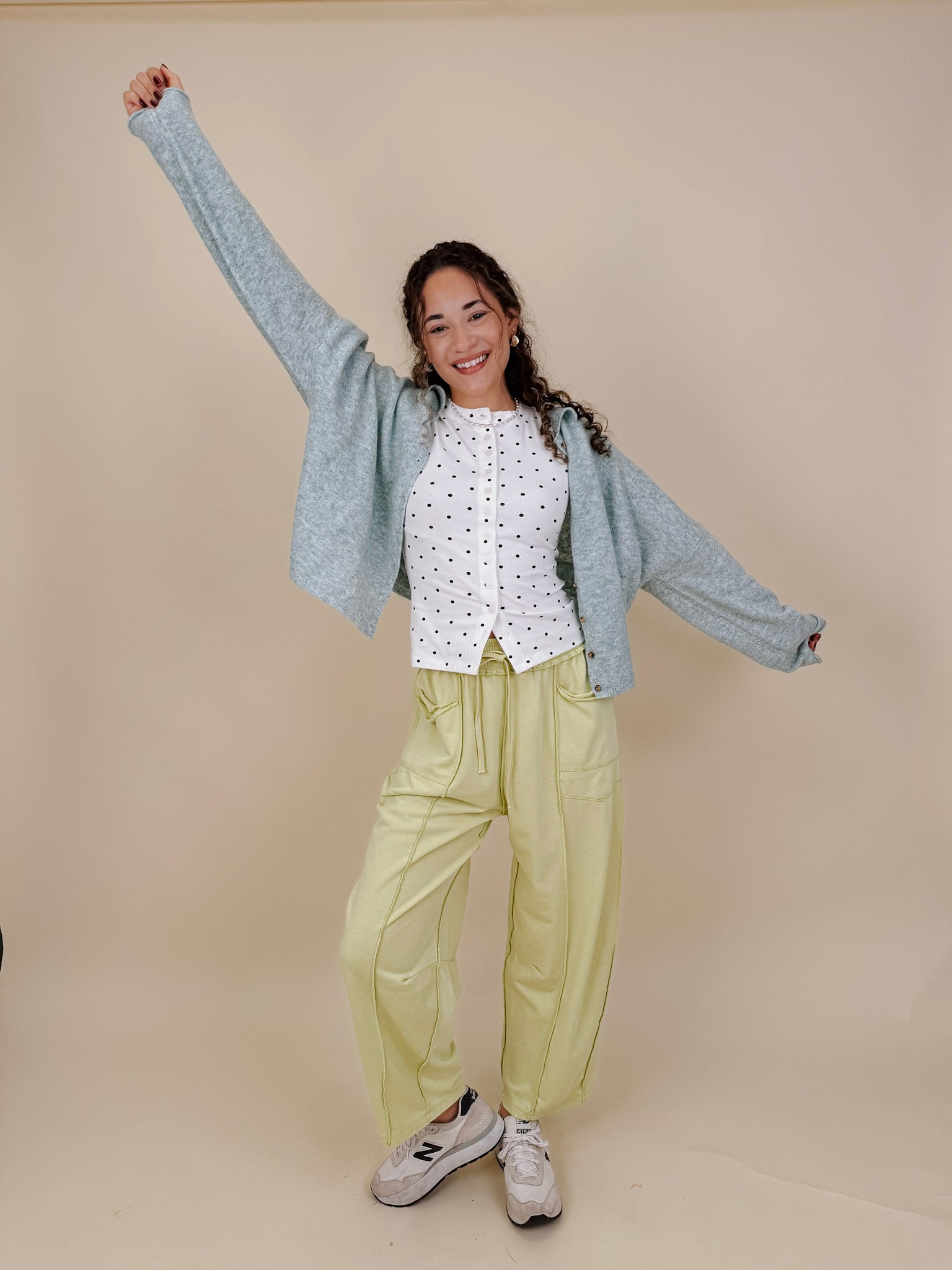 Salt & Pepper Top in white ribbed knit with black polka dots and button front — Paper Doll