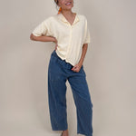 Anya Denim Top in washed blue with vertical seam detail and gathered neckline — Paper Doll
