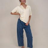 Anya Denim Top in washed blue with vertical seam detail and gathered neckline — Paper Doll
