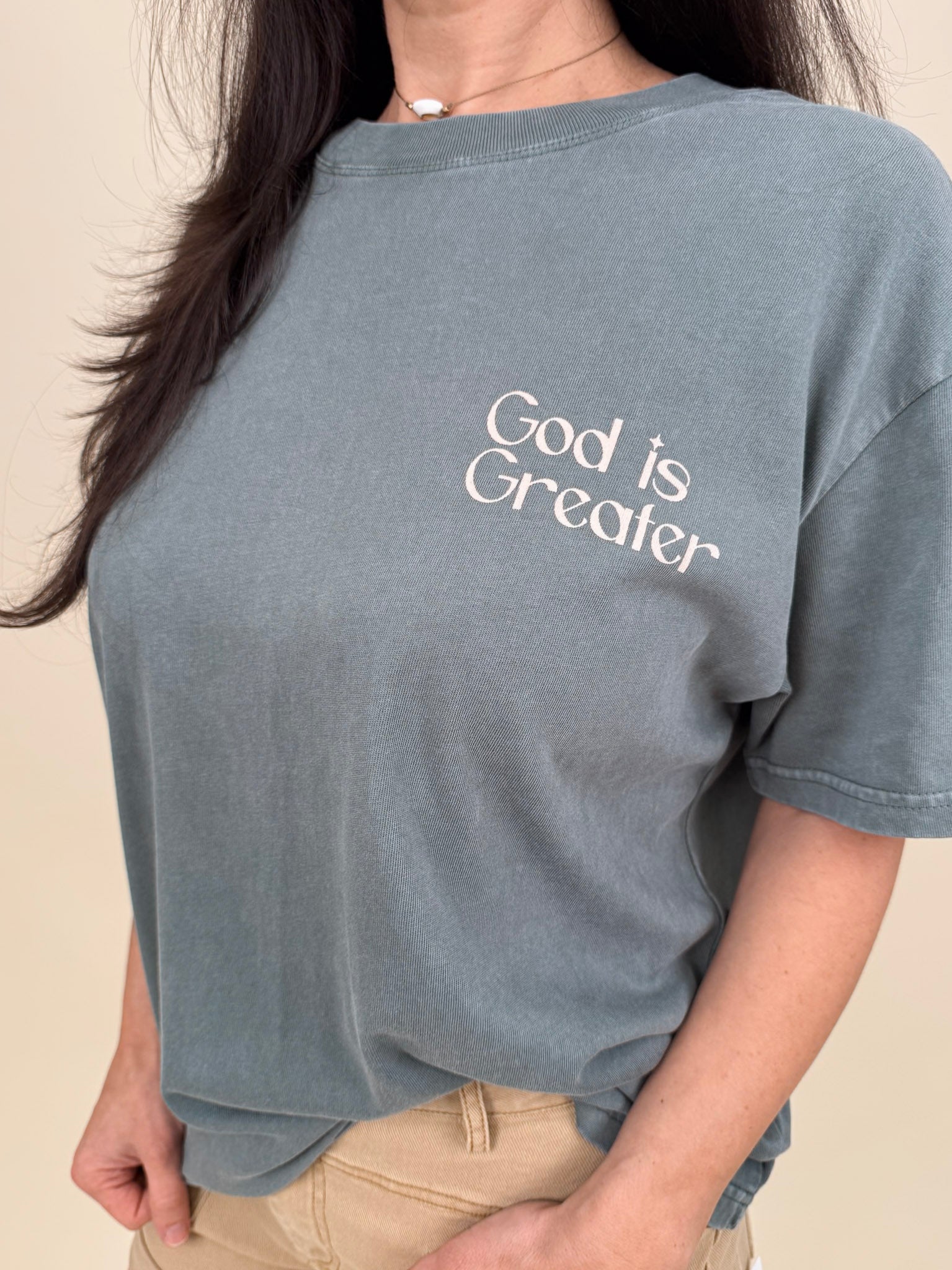 God Is Greater Unisex Tee in washed slate with mountain graphic on back — Paper Doll