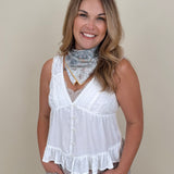 Etta V-Neck Lace Trim Top with white lace trim and ruffle hem — Paper Doll