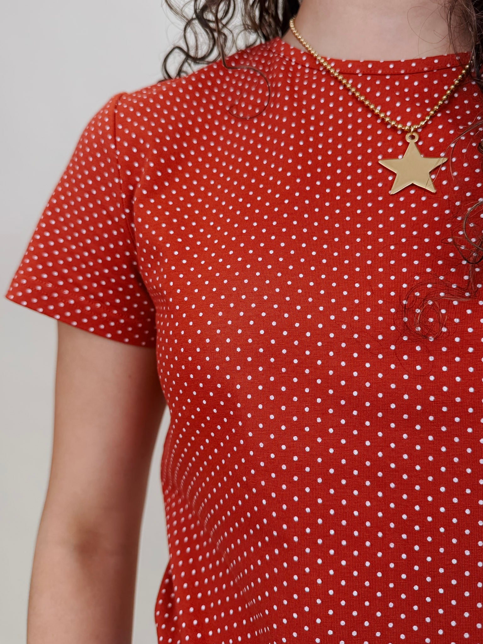 Brittany Polka Dot Jersey Tee in red with white polka dot print — Paper Doll