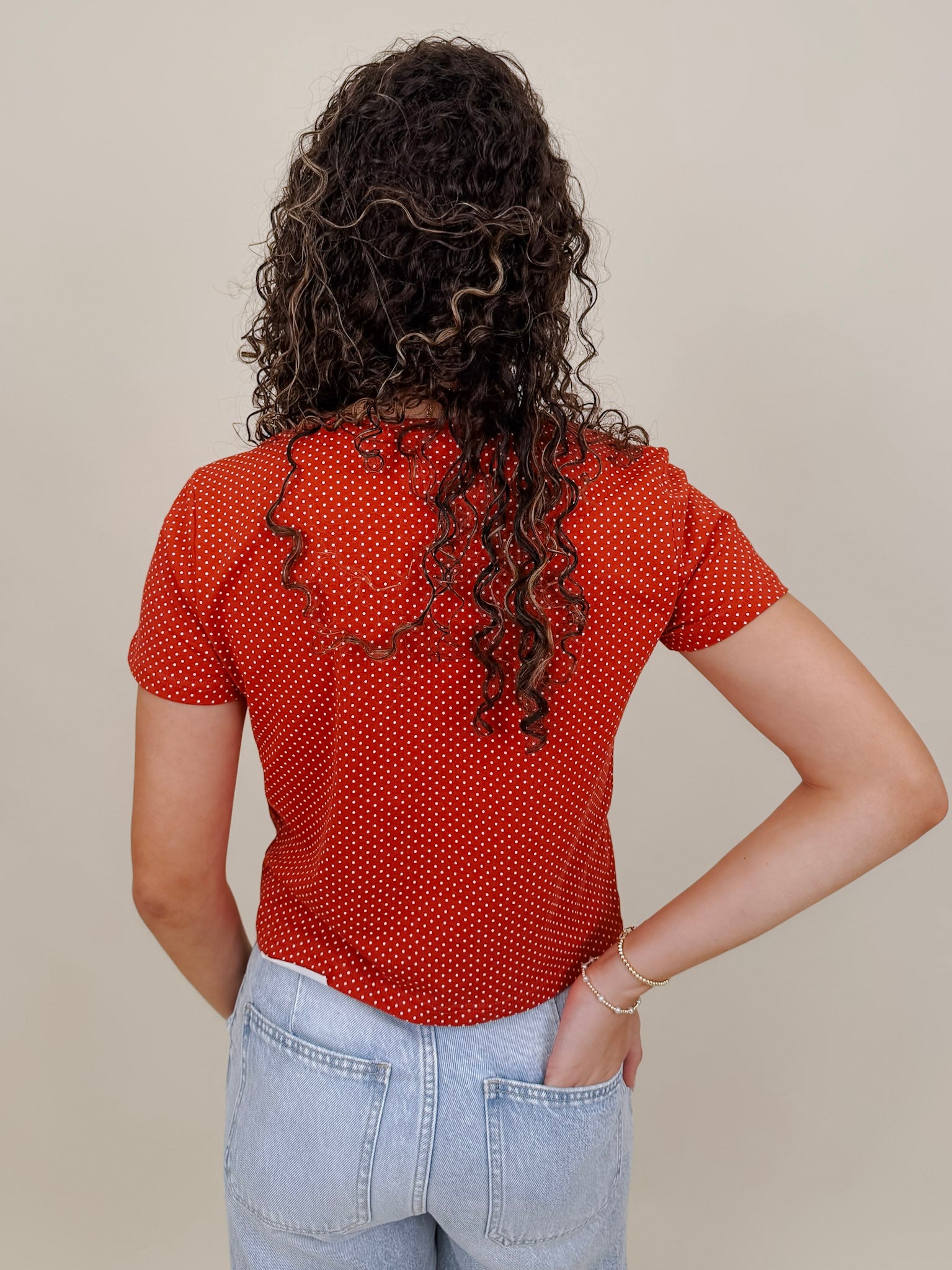 Brittany Polka Dot Jersey Tee in red with white polka dot print — Paper Doll