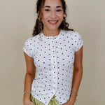Salt & Pepper Top in white ribbed knit with black polka dots and button front — Paper Doll