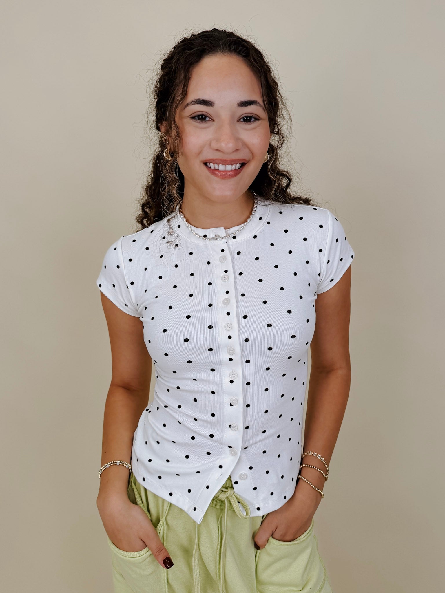 Salt & Pepper Top in white ribbed knit with black polka dots and button front — Paper Doll