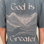 God Is Greater Unisex Tee in washed slate with mountain graphic on back — Paper Doll