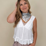 Etta V-Neck Lace Trim Top with white lace trim and ruffle hem — Paper Doll