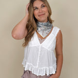 Etta V-Neck Lace Trim Top with white lace trim and ruffle hem — Paper Doll