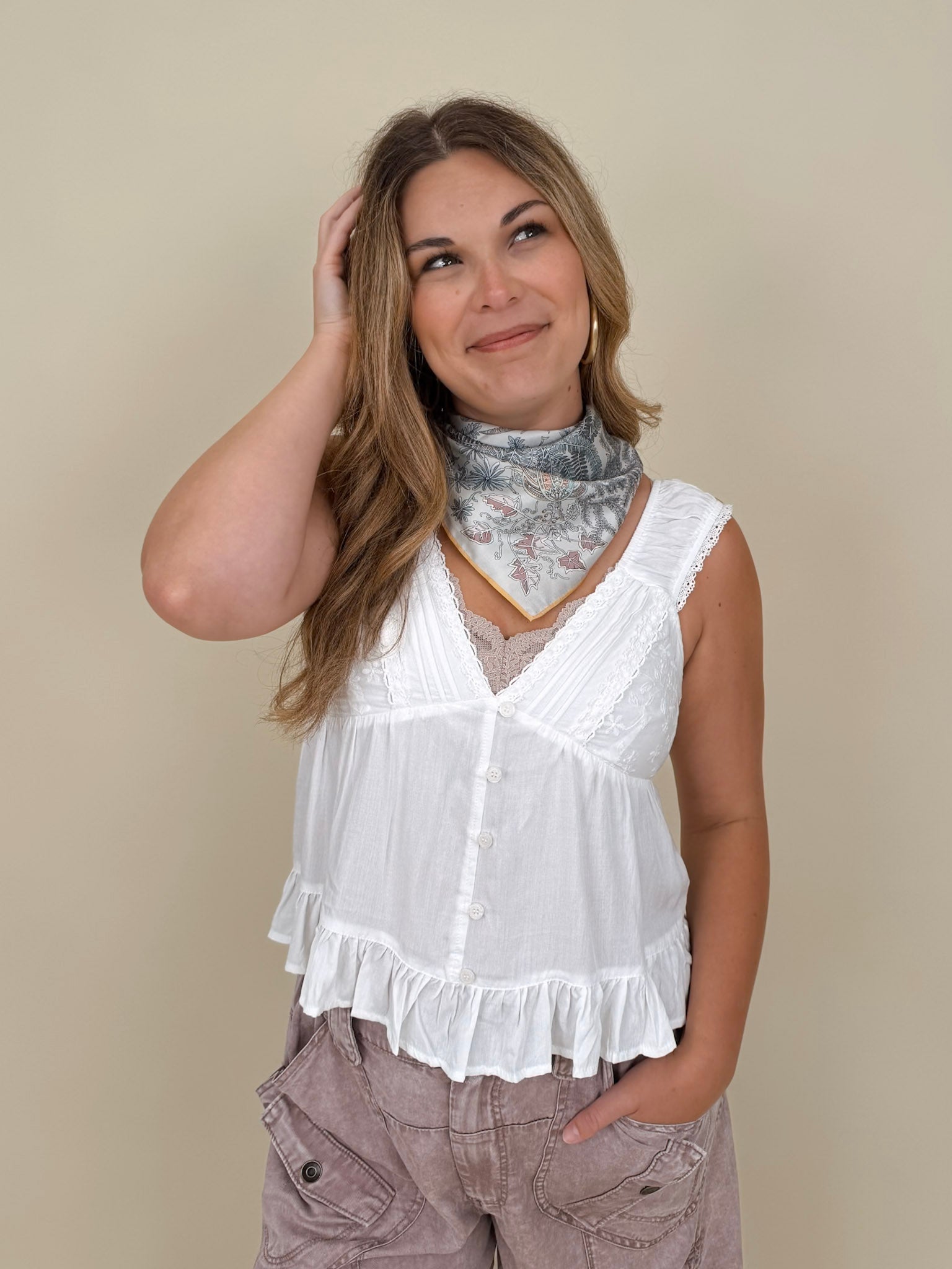 Etta V-Neck Lace Trim Top with white lace trim and ruffle hem — Paper Doll