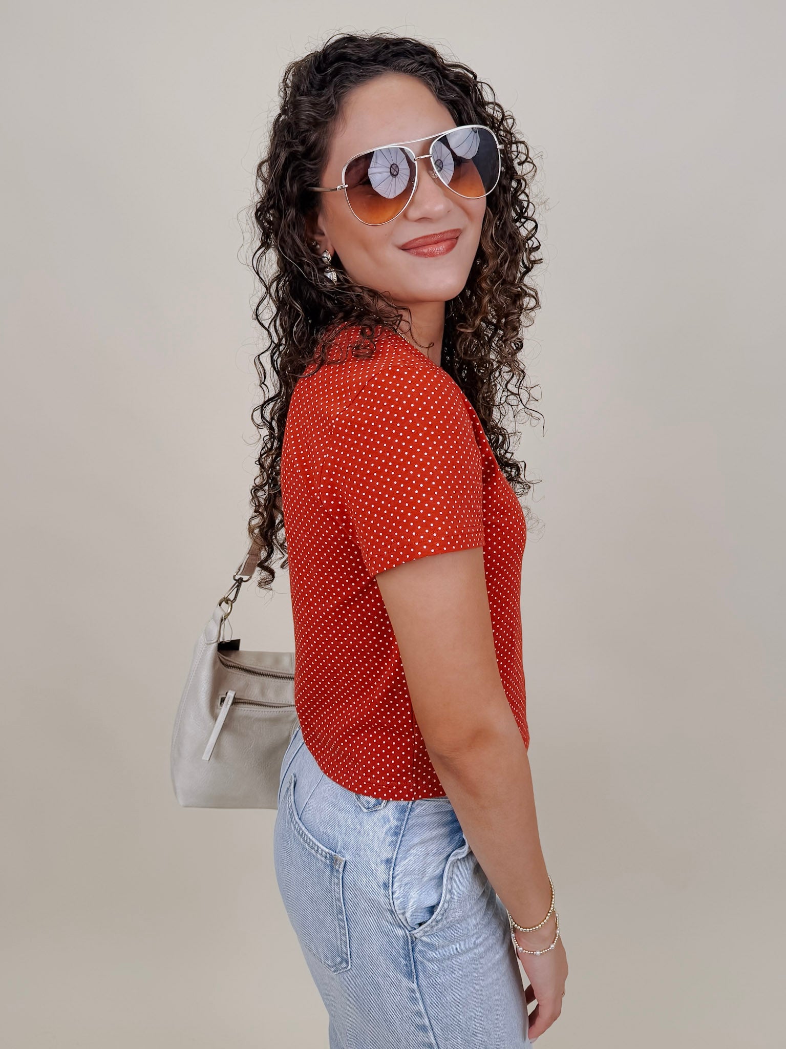 Brittany Polka Dot Jersey Tee in red with white polka dot print — Paper Doll