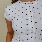 Salt & Pepper Top in white ribbed knit with black polka dots and button front — Paper Doll