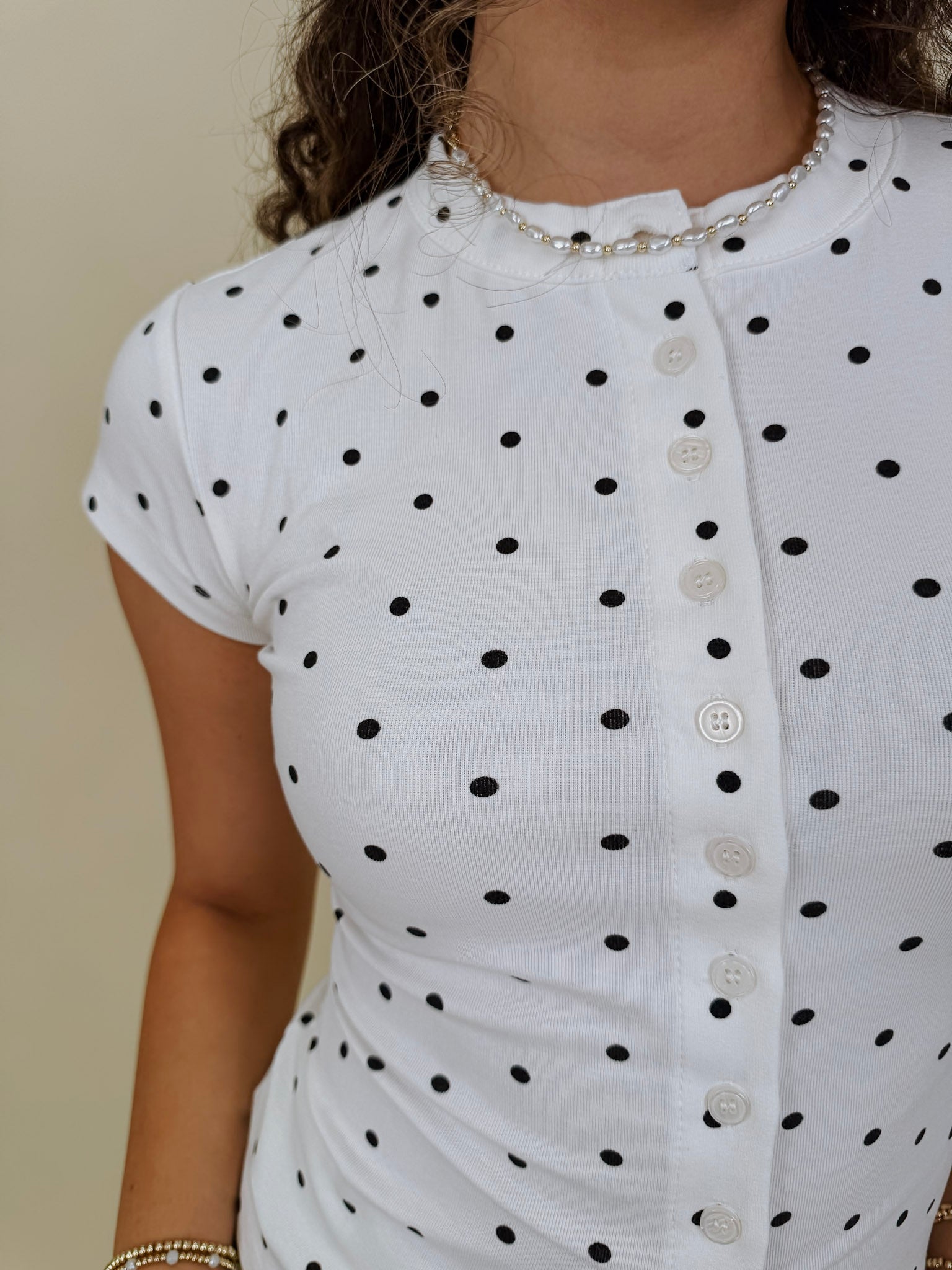 Salt & Pepper Top in white ribbed knit with black polka dots and button front — Paper Doll