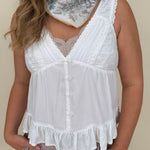 Etta V-Neck Lace Trim Top with white lace trim and ruffle hem — Paper Doll