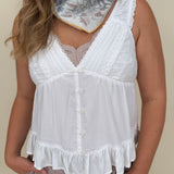 Etta V-Neck Lace Trim Top with white lace trim and ruffle hem — Paper Doll
