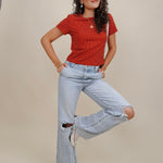Brittany Polka Dot Jersey Tee in red with white polka dot print — Paper Doll
