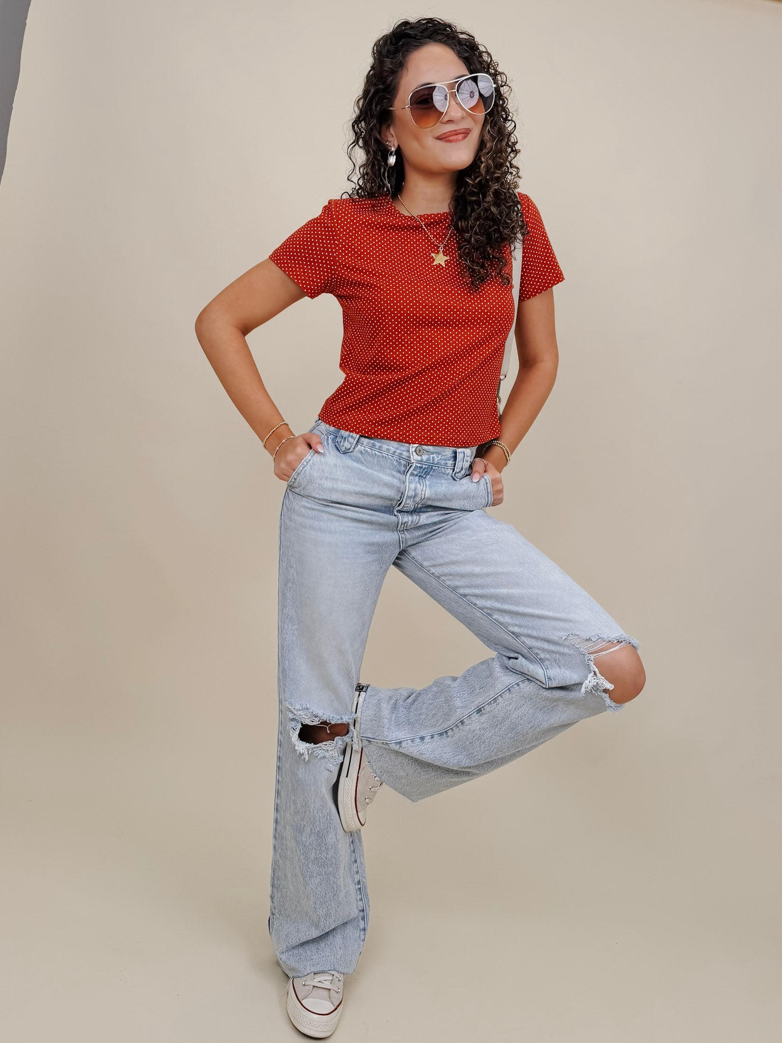 Brittany Polka Dot Jersey Tee in red with white polka dot print — Paper Doll
