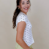 Salt & Pepper Top in white ribbed knit with black polka dots and button front — Paper Doll