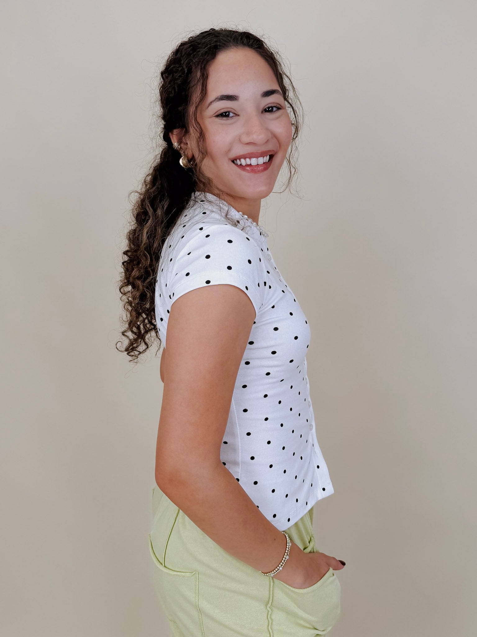 Salt & Pepper Top in white ribbed knit with black polka dots and button front — Paper Doll