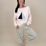 Sailboat Sweater with cream knit and navy and blue intarsia sailboat graphic — Paper Doll
