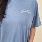 Way Maker Unisex Tee in washed blue with script chest print and mountain graphic on back — Paper Doll