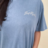 Way Maker Unisex Tee in washed blue with script chest print and mountain graphic on back — Paper Doll