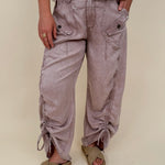 Kalista Cargo Pants in washed mauve with ruched drawstring hems and snap cargo pockets — Paper Doll