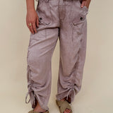 Kalista Cargo Pants in washed mauve with ruched drawstring hems and snap cargo pockets — Paper Doll