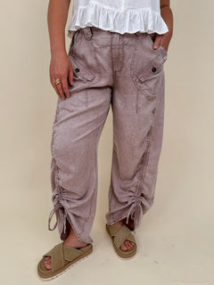Kalista Cargo Pants in washed mauve with ruched drawstring hems and snap cargo pockets — Paper Doll