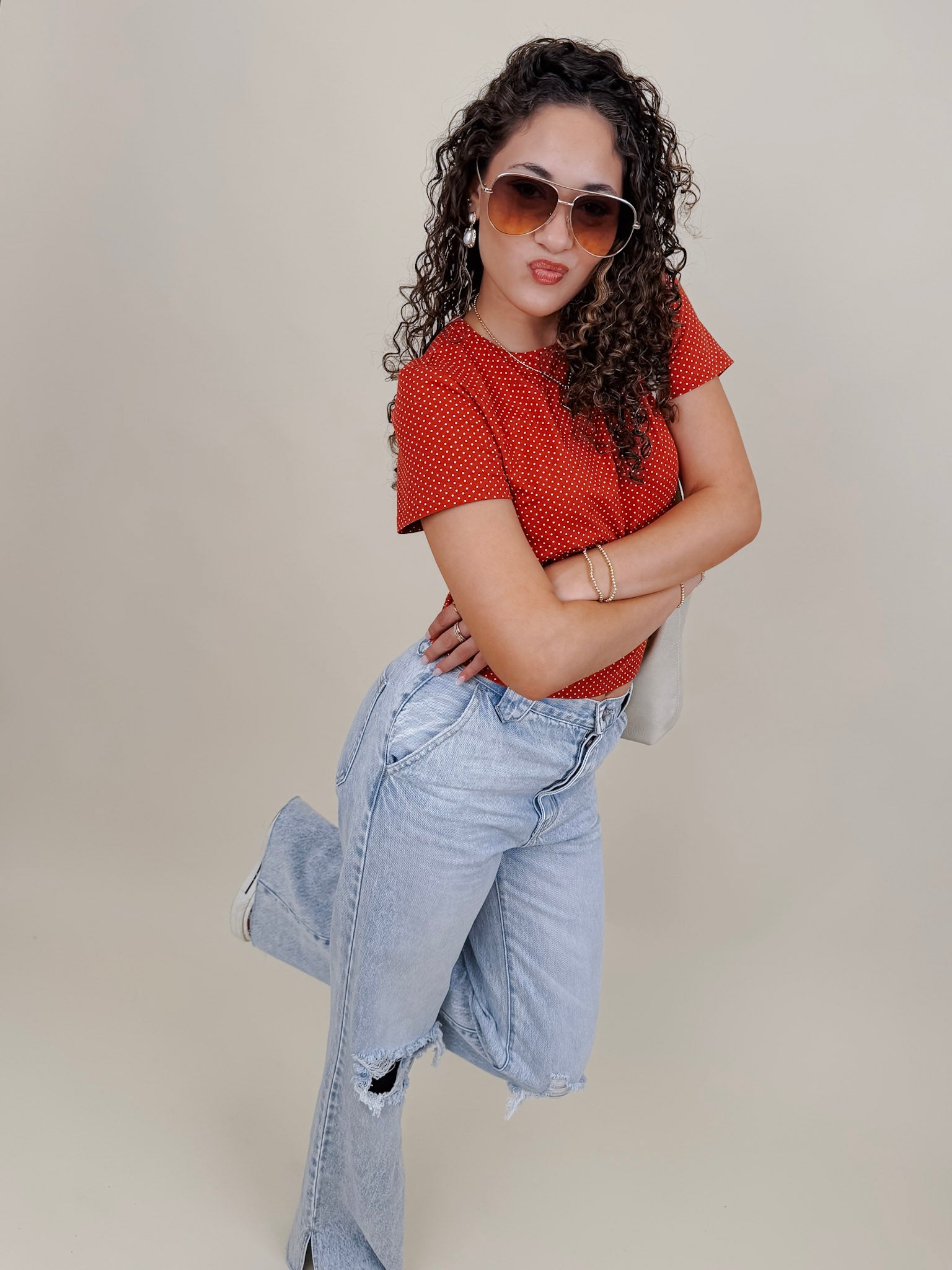 Brittany Polka Dot Jersey Tee in red with white polka dot print — Paper Doll
