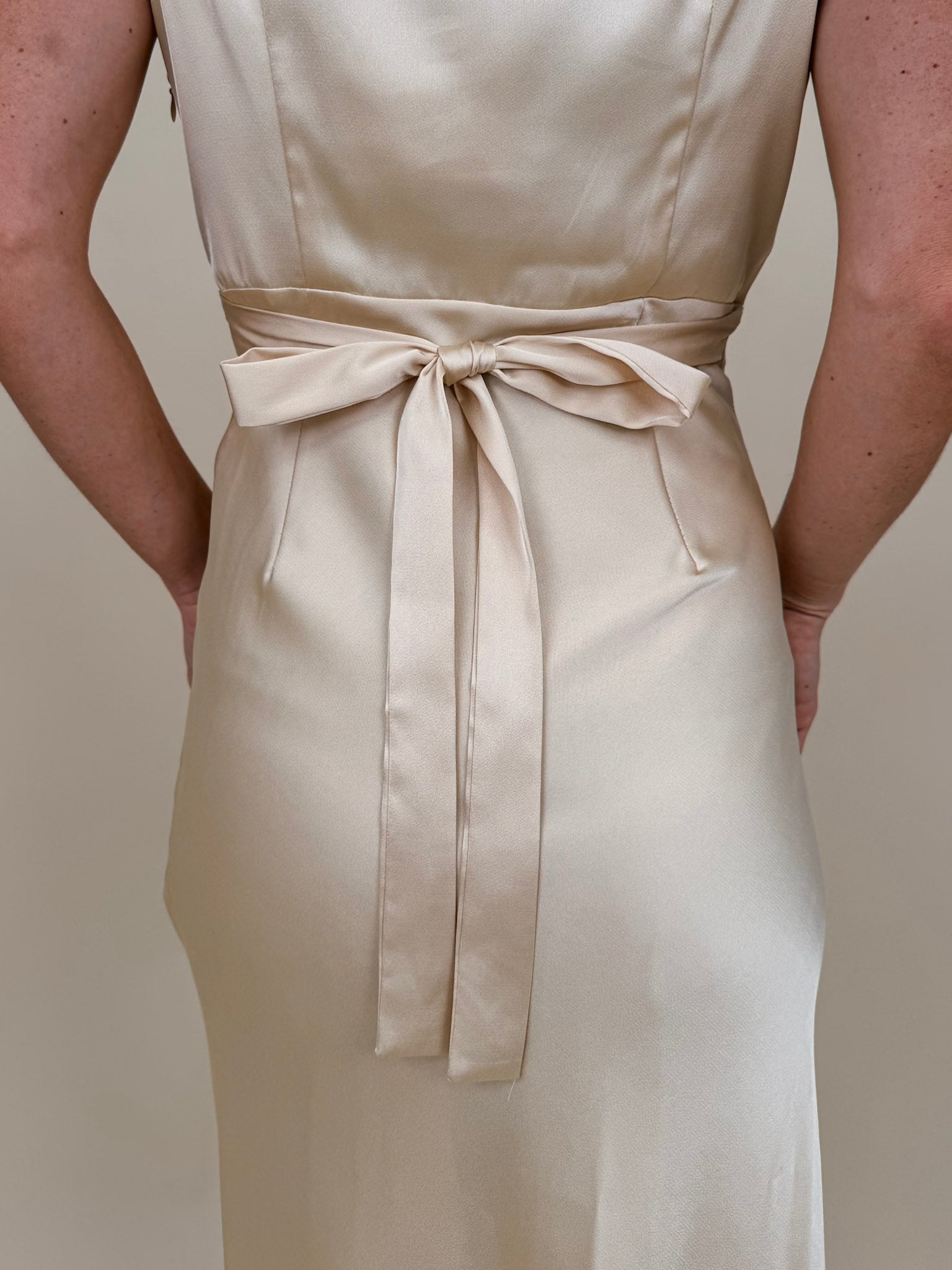 Isadora Satin Midi Dress in light yellow with lace trim and mesh flutter sleeves — Paper Doll