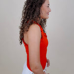 Tammy Ruffle Tank in red with a ruffle shoulder and neckline — Paper Doll