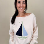 Sailboat Sweater with cream knit and navy and blue intarsia sailboat graphic — Paper Doll
