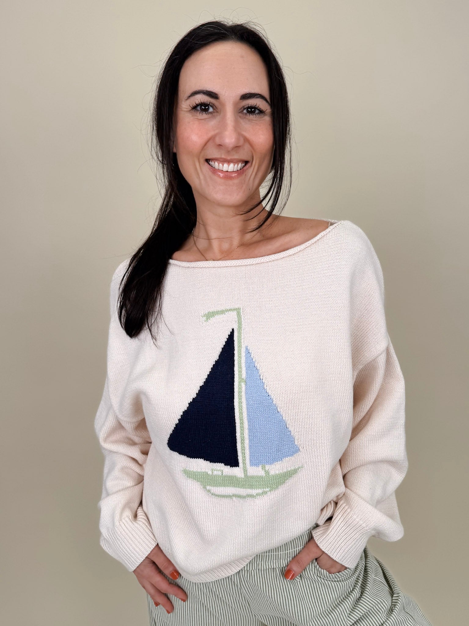 Sailboat Sweater with cream knit and navy and blue intarsia sailboat graphic — Paper Doll

